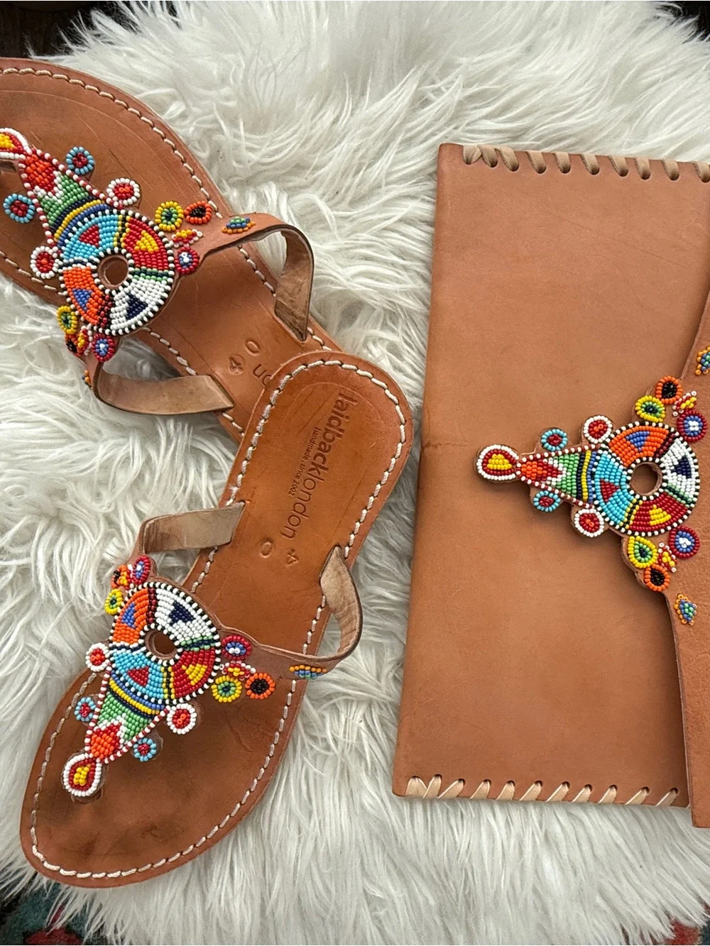 Handmade Tan Leather Clutch with Colorful Beaded Accent